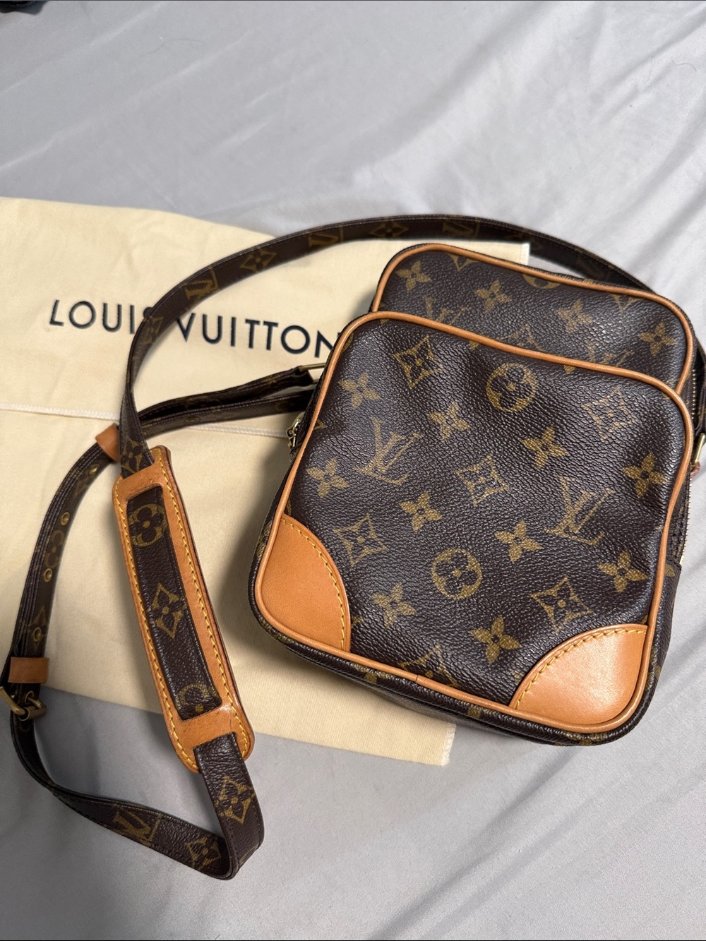 Louis Vuitton Monogram Zip Clasp Bag in Brown with Tan Trim and Gold Hardware